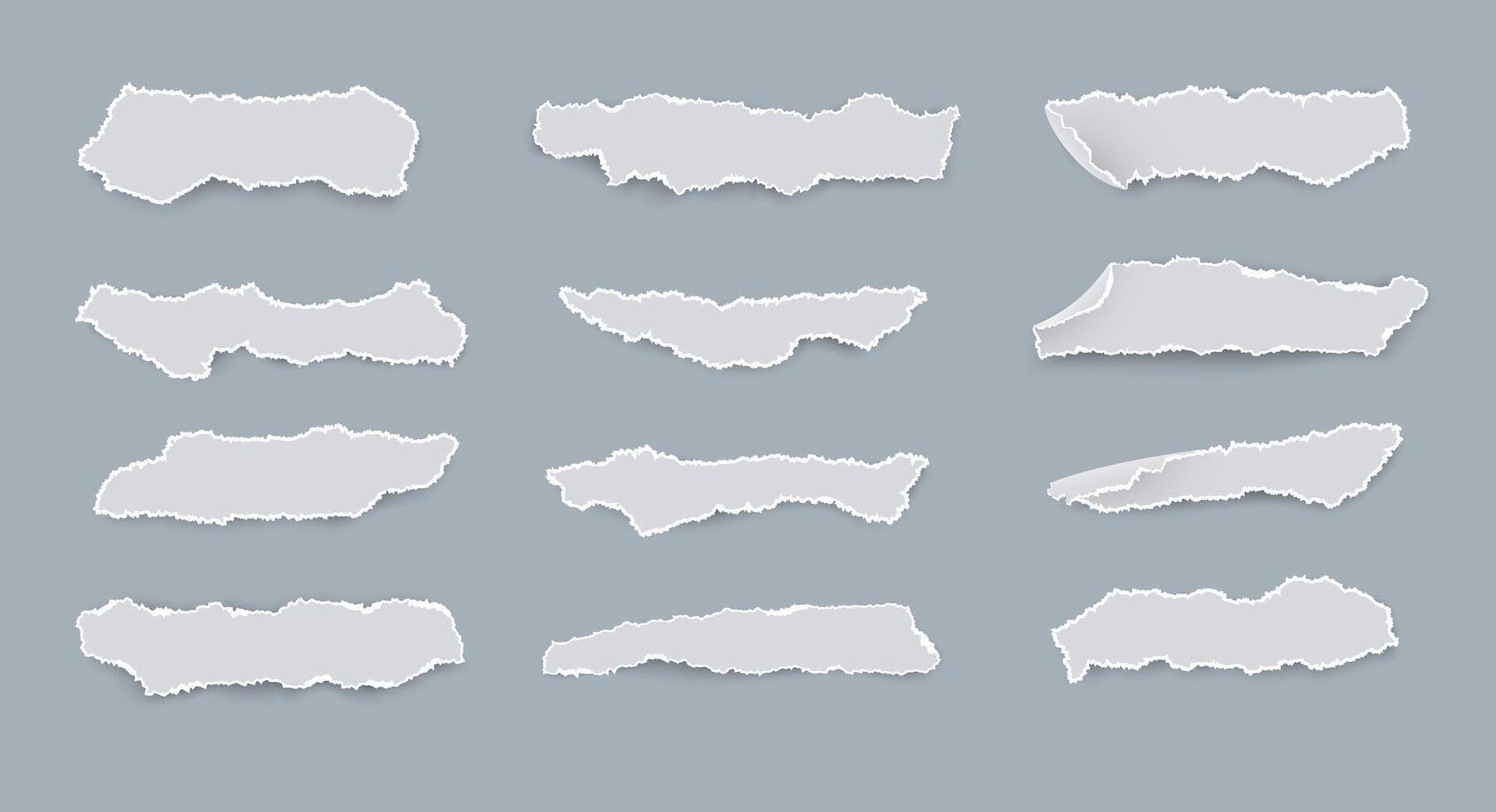 Set of white torn paper pieces of different shapes isolated on light background. Sheet of paper with shadows and torn edges. vector