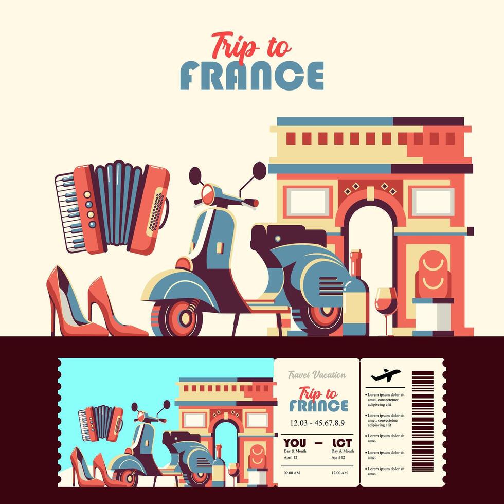Trip to France. Cartoon elements, Arc de Triomphe, Scooter and Wine. Suitable for events and holidays vector