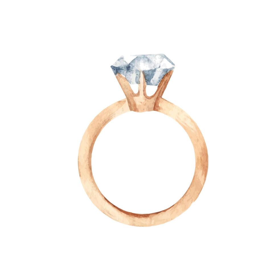 Golden ring with Diamond Stone. Watercolor hand drawn illustration of jewelry in realistic style isolated on a white background. Design element for wedding, Valentine Day, Engagement vector