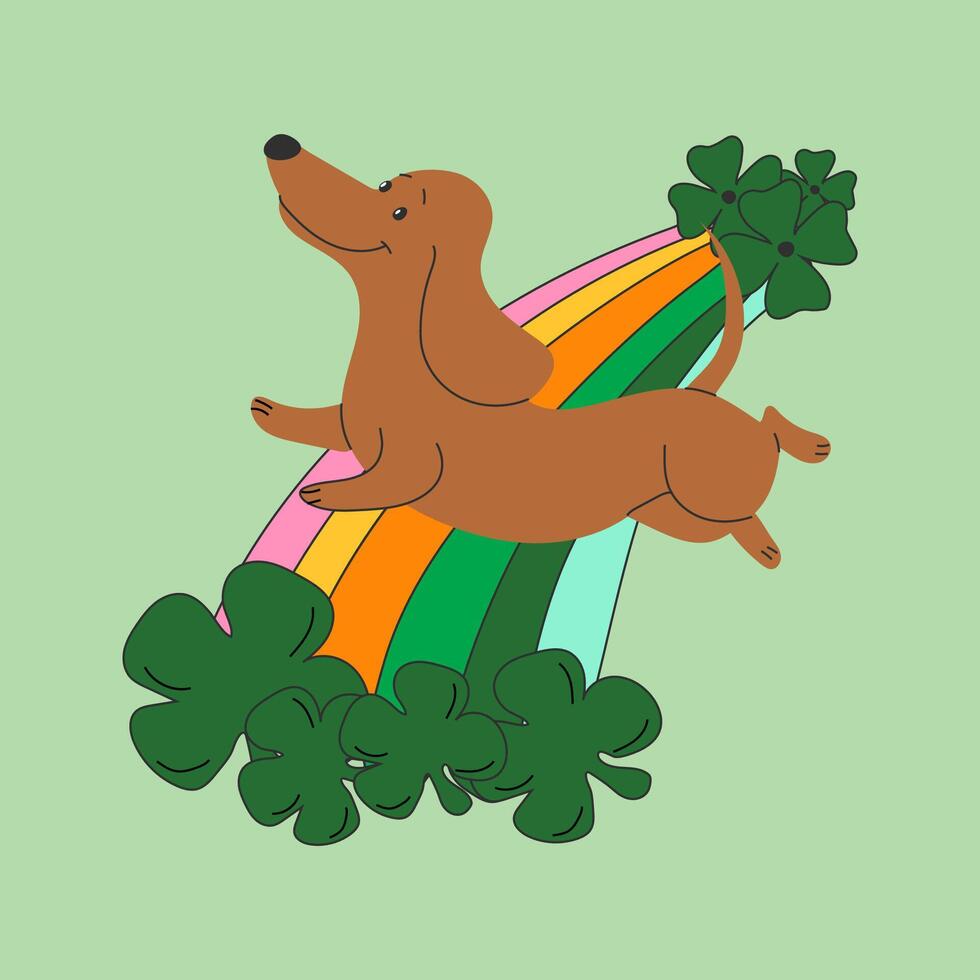 Dachshund dog wearing costumes for St. Patrick's day. A cartoon dog with a rainbow and clover leaves vector