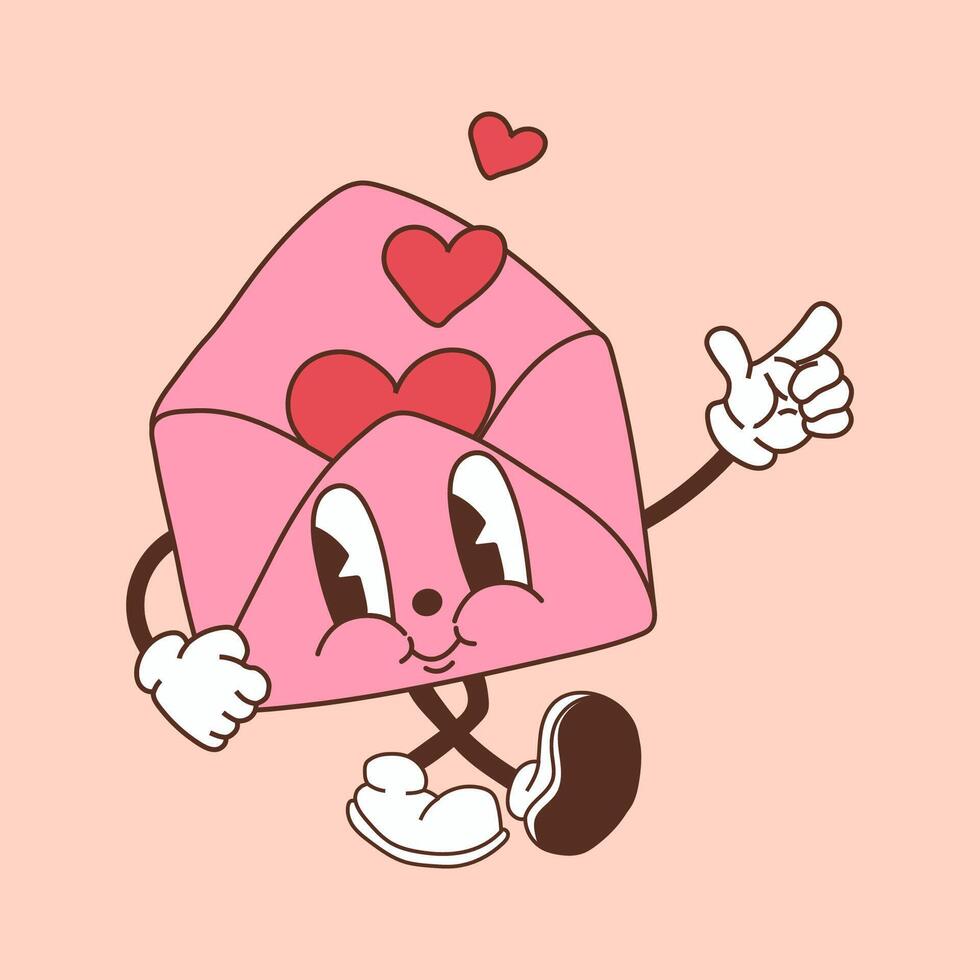 A retro cartoon style pink envelope with a heart , designed as a Valentines Day mascot character vector