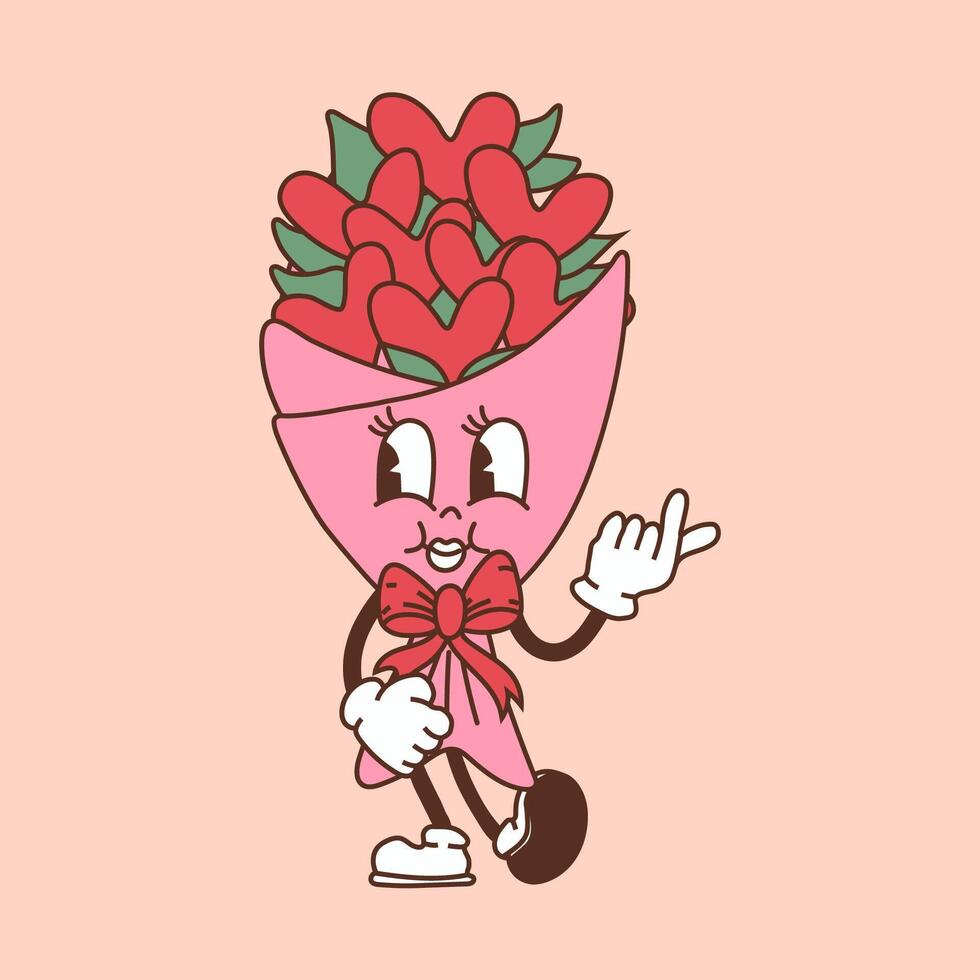 A retro cartoon style bouquet of hearts, designed as a Valentines Day mascot character vector