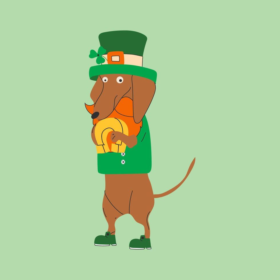 Dachshund dog wearing costumes for St. Patrick's day. A cartoon dog wearing a green hat and holding a horseshoe vector