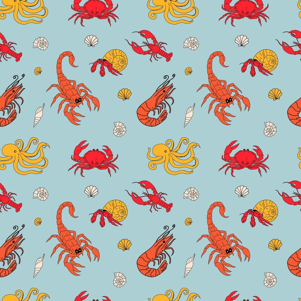 Seamless pattern with cartoon sea animals. vector