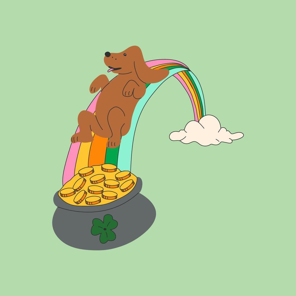 Dachshund dog wearing costumes for St. Patrick's day. A cartoon dog is sitting on top of a pot of gold coins vector
