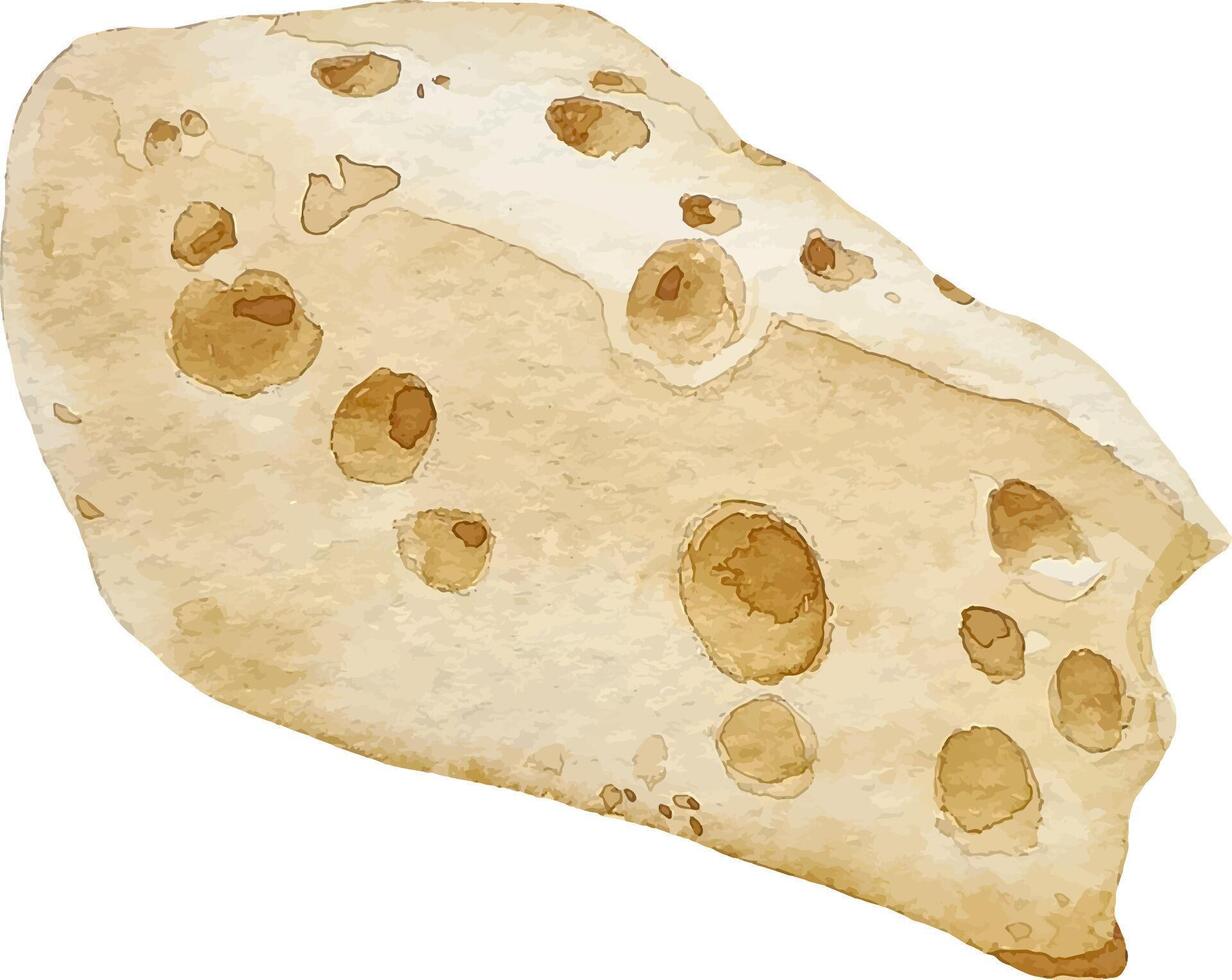 Watercolor slice of yellow cheese with prominent holes hand drawn illustration isolated on white vector