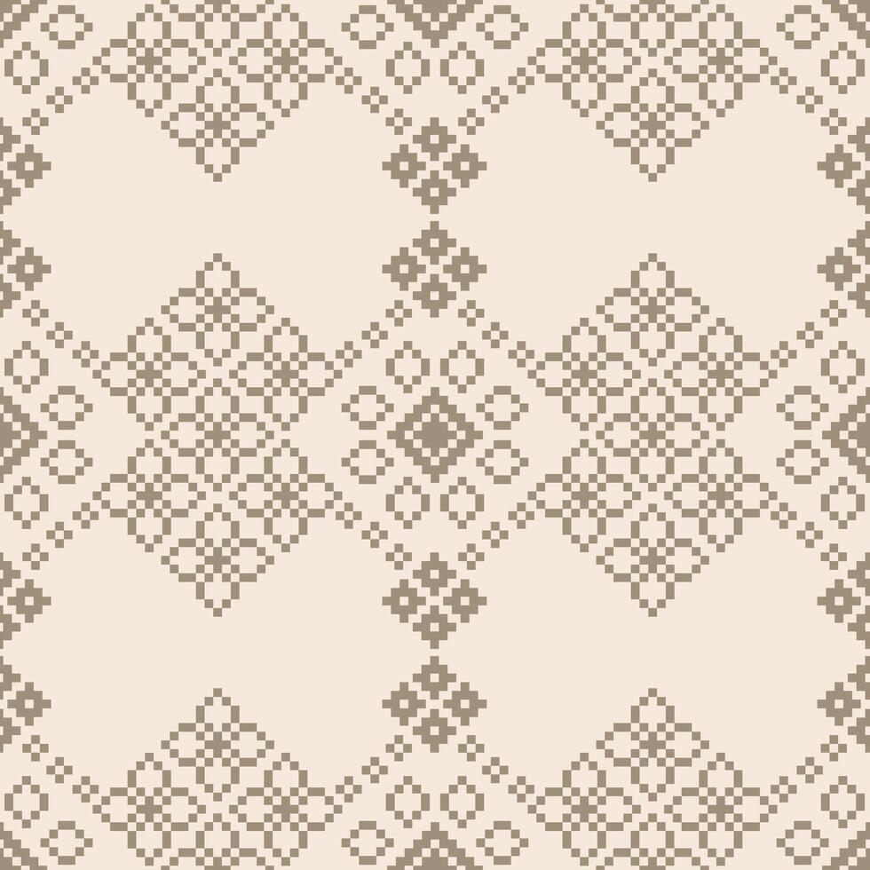 Cross stitch motif pixel ethnic pattern with brown cream color background fabric pattern art. vector