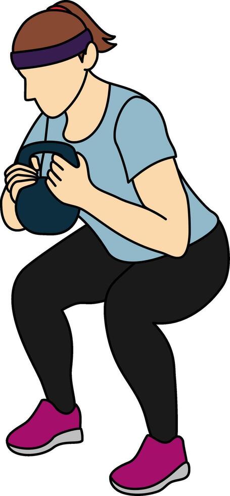 Illustration of a female athlete dressed in workout attire performing a squat with a kettlebell, emphasizing physical fitness and strength training. Perfect for gym posters, exercise guides. vector