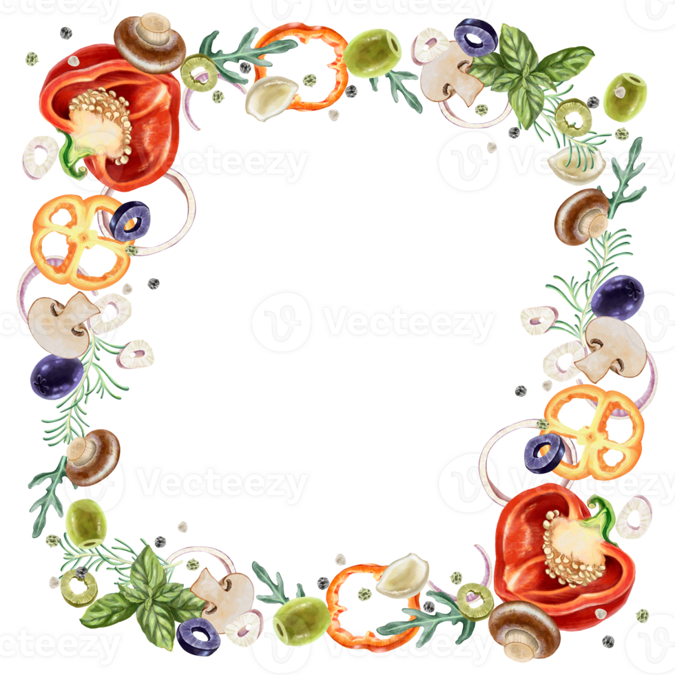 Square frame made of vibrant assorted of fresh groceries. vegetables, herbs, onions, peppers and olives. Perfect for restaurant menus, kitchen decor, food packaging, culinary blog visuals. Watercolor png