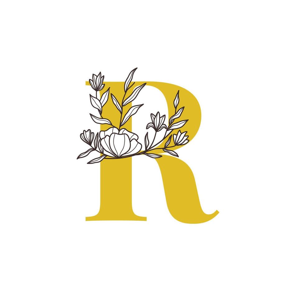 Floral Monogram Letter R with Minimalist Design vector