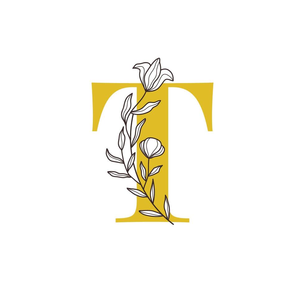 Floral Monogram Letter T with Minimalist Design vector