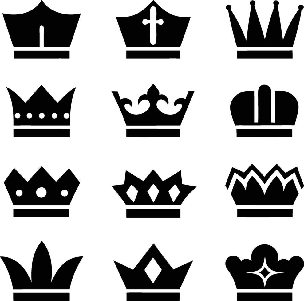 Twelve Black Crown Icons Regal, Royal, King, Queen, Prince, Princess vector