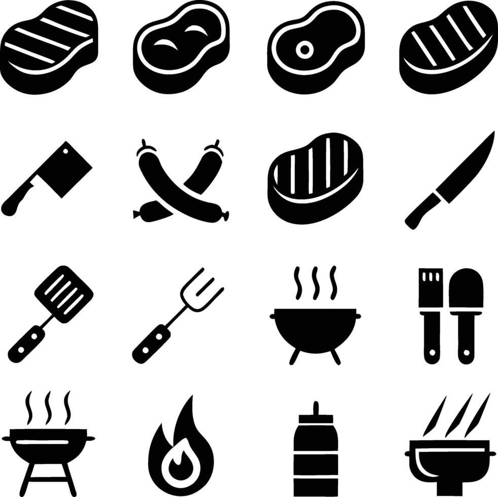 BBQ Grill Icons Steaks, Sausages, Utensils, and Fire vector