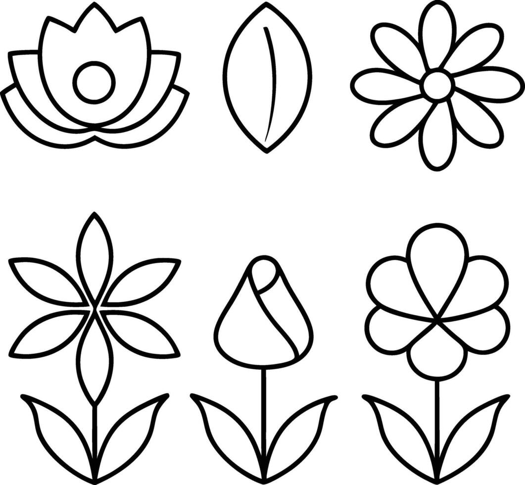 Simple Line Art Flower Designs Lotus, Leaf, Daisy, Star, Tulip vector