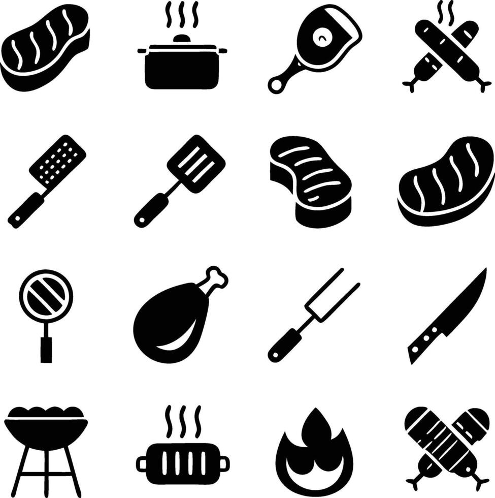 Grilling Icons Barbecue, Steak, Chicken, Utensils, and Fire vector