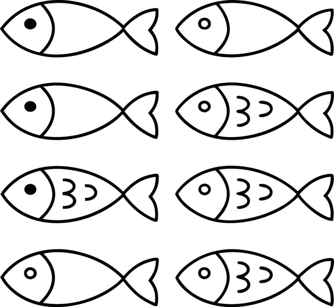 Simple Line Art Fish Drawings Pattern, Set, Illustration, Design, Graphic, Black, White, Aquatic, Se vector