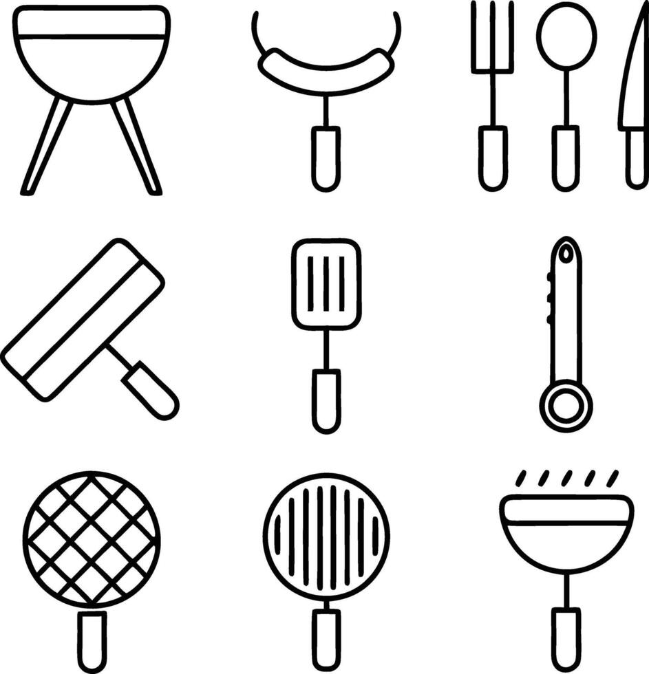Barbecue Grill Utensils Spatula, Fork, Knife, Grill Pan Set vector