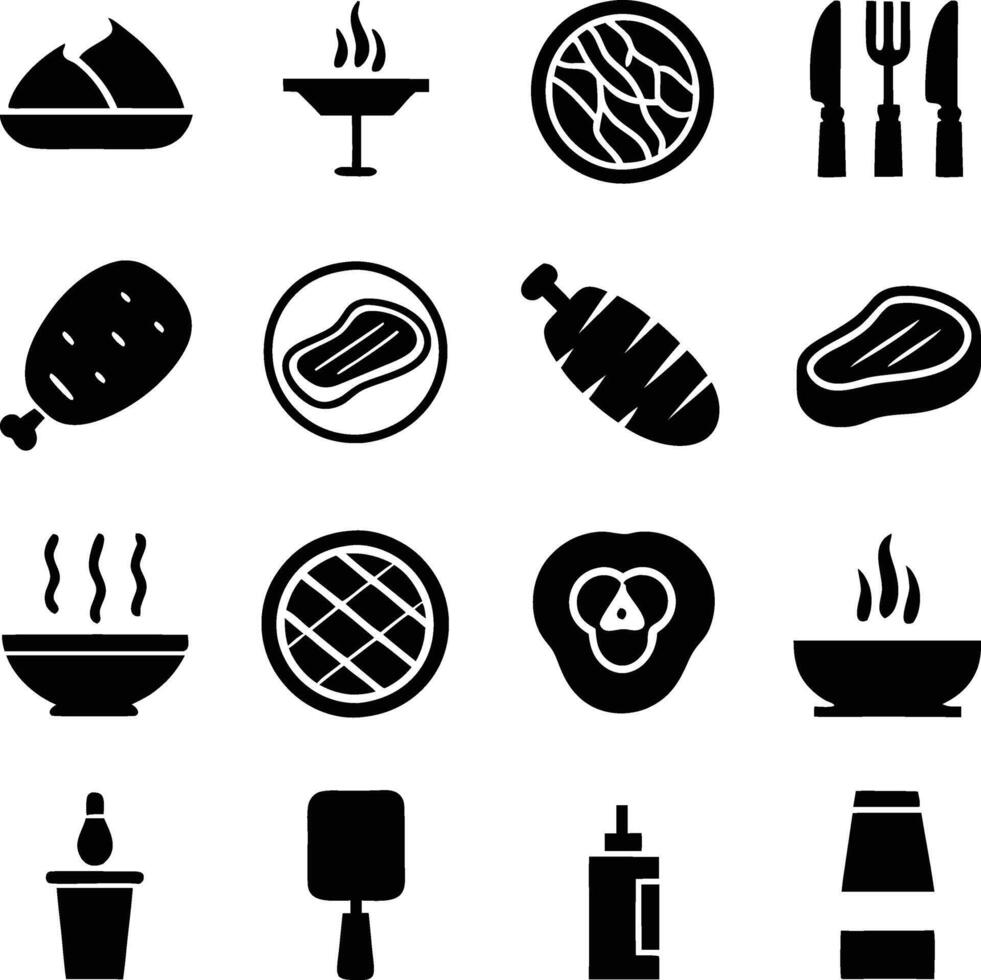BBQ Grill Icons Steak, Chicken, Utensils, and More vector