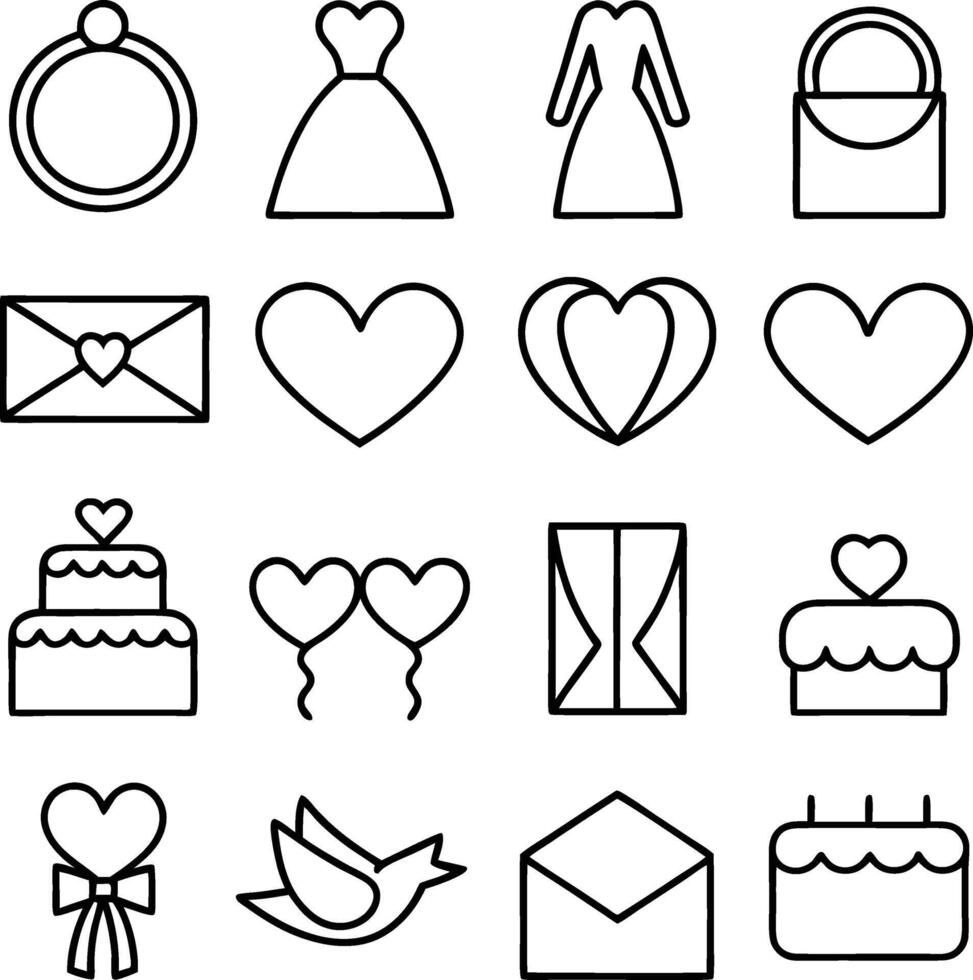 Wedding Icons Rings, Dresses, Cakes, Hearts, Love, Envelopes vector