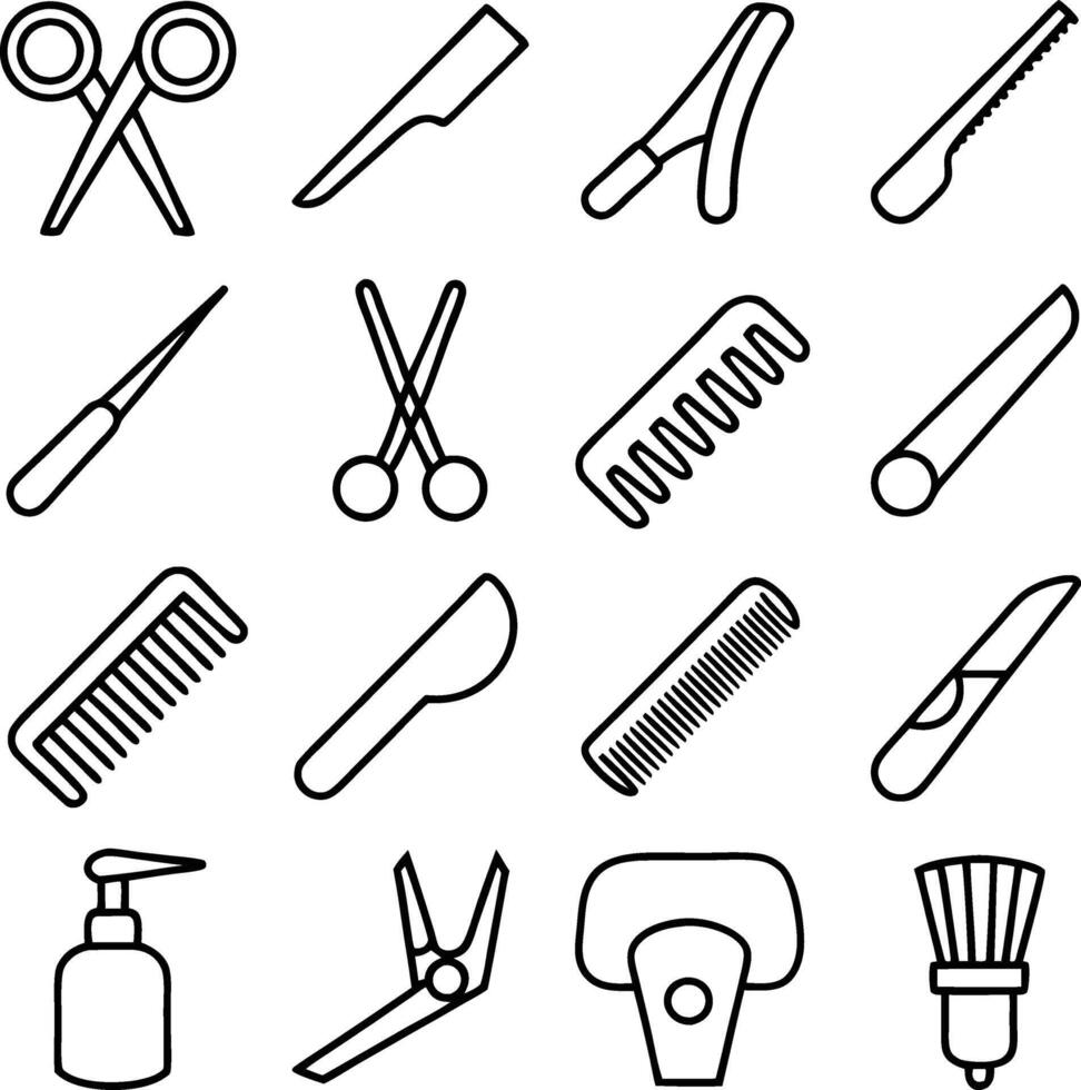 Hairdressing Tools Icons Scissors, Combs, Razors, and More vector
