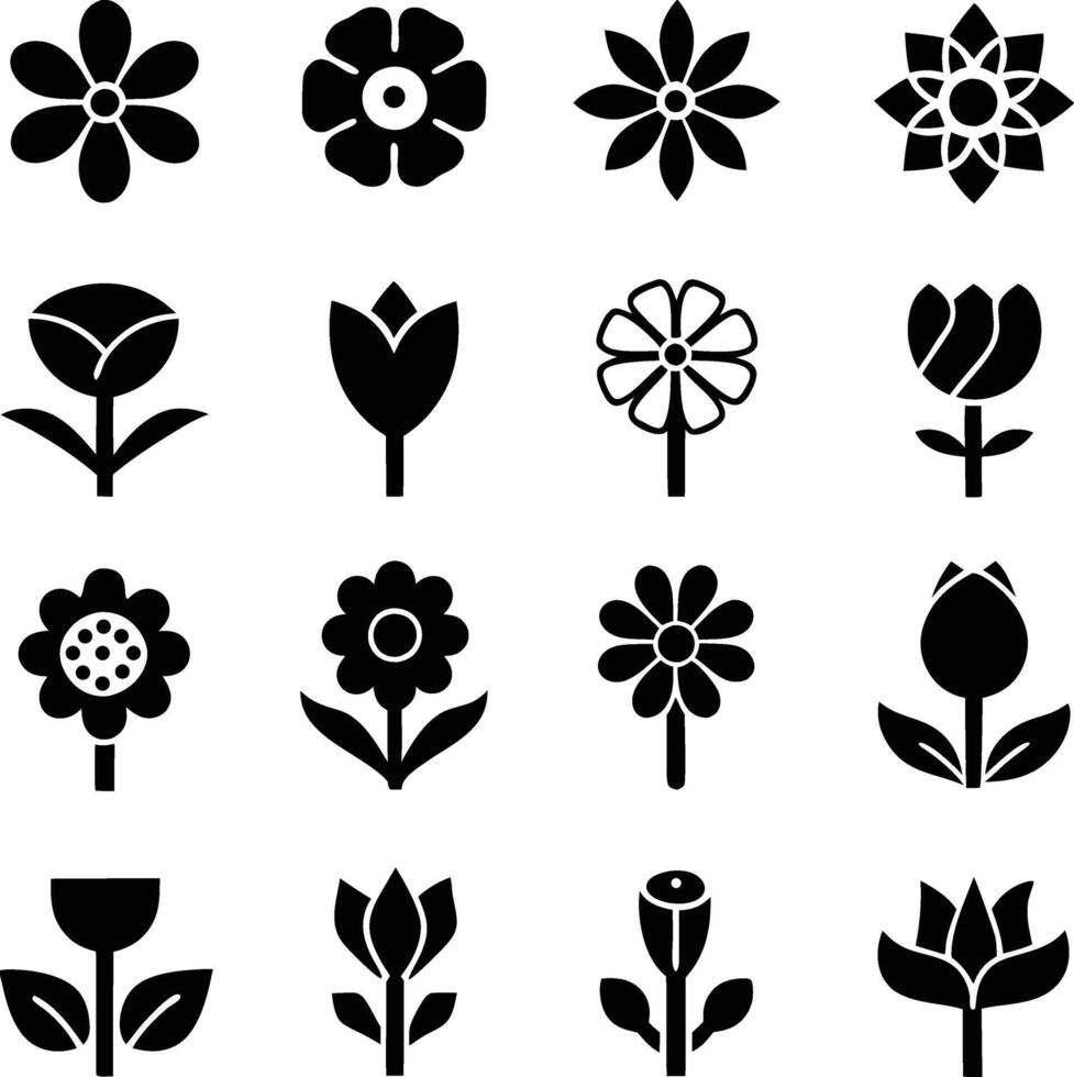 Black Silhouettes of Various Flowers and Tulips Icons vector