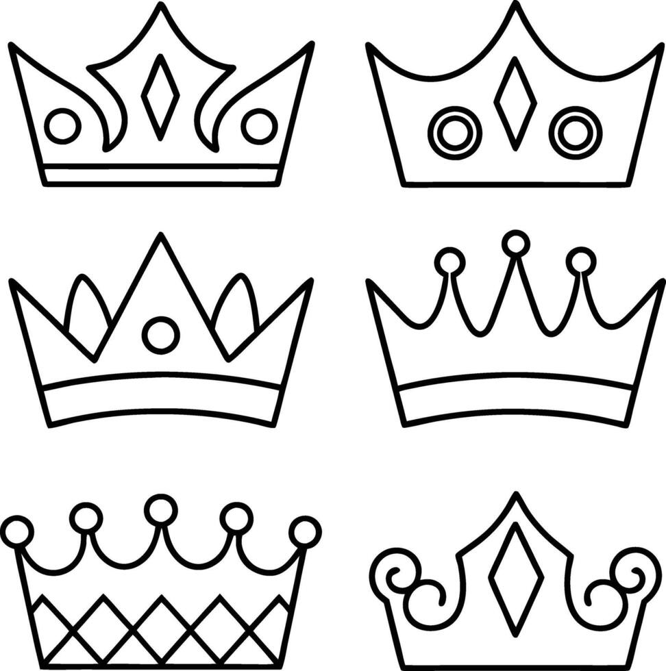 Six Royal Crowns Line Art, Design, King, Queen, Royalty, Emblem, Simple, Elegant, Symbols, Monarchy vector