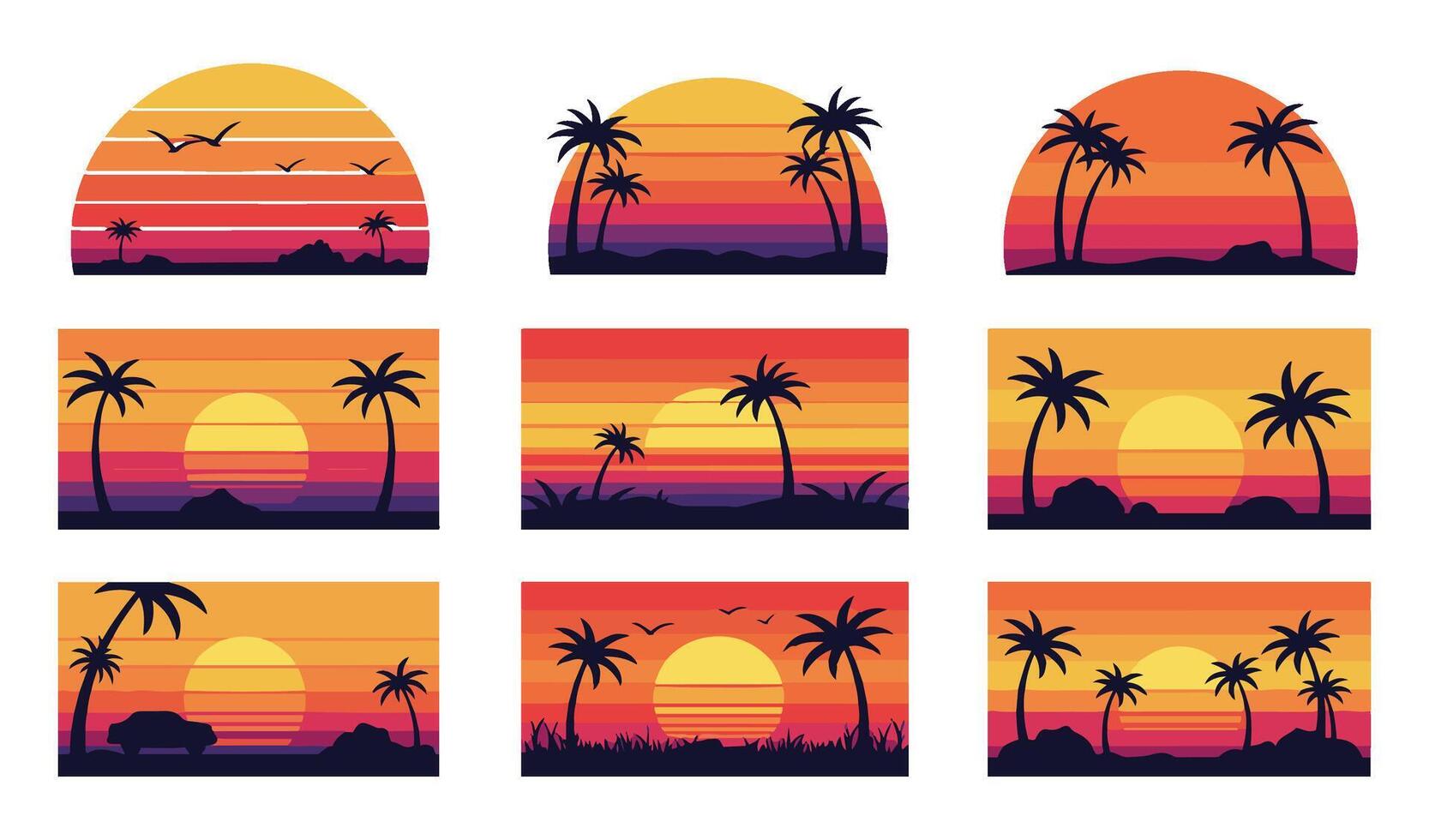 Classic Vintage Horizon Sunset Set with Minimalist 80s Inspired Design Elements vector