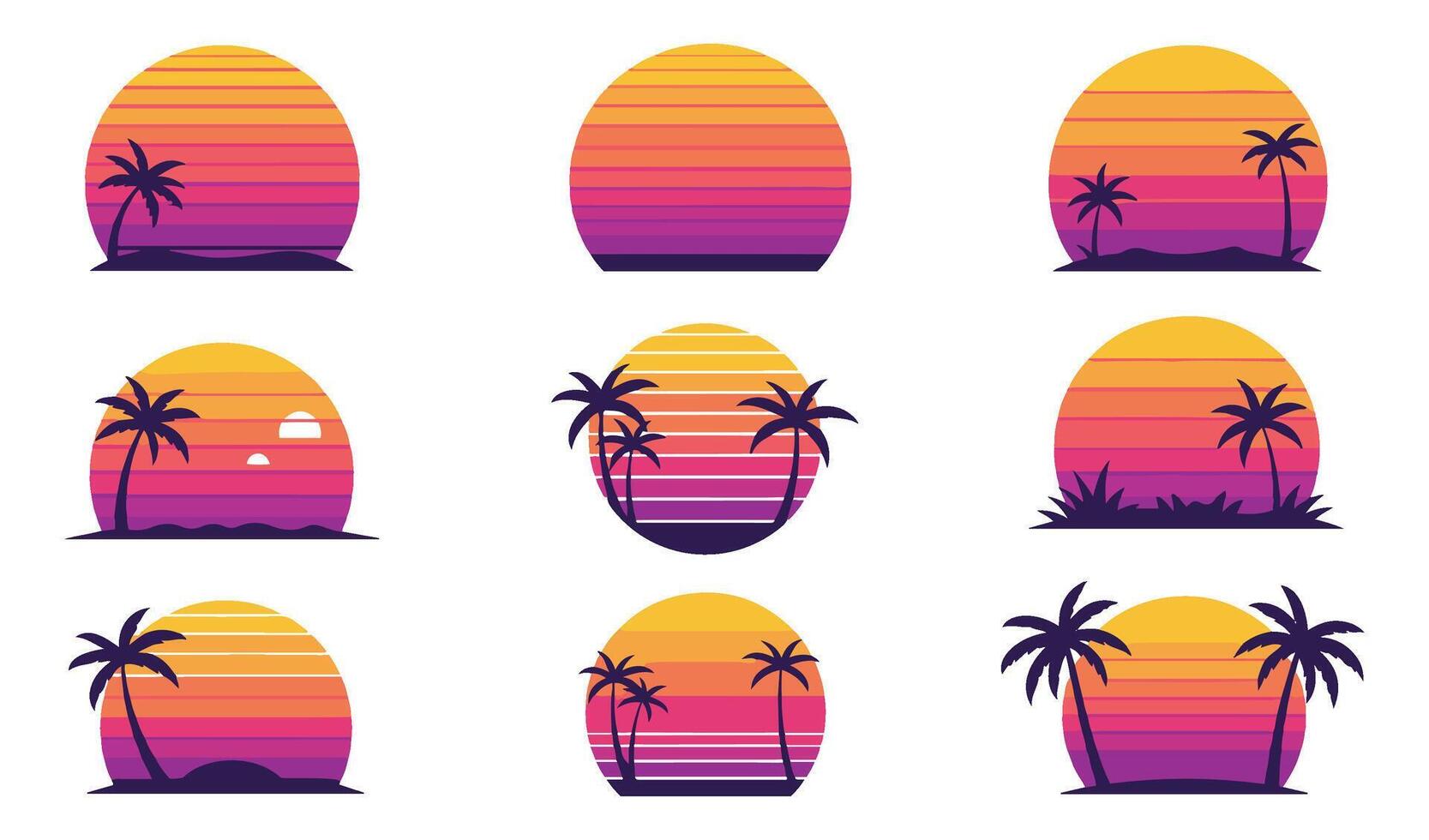 80s Sunset Set Featuring Palm Tree Silhouettes and Relaxing Tropical Designs vector