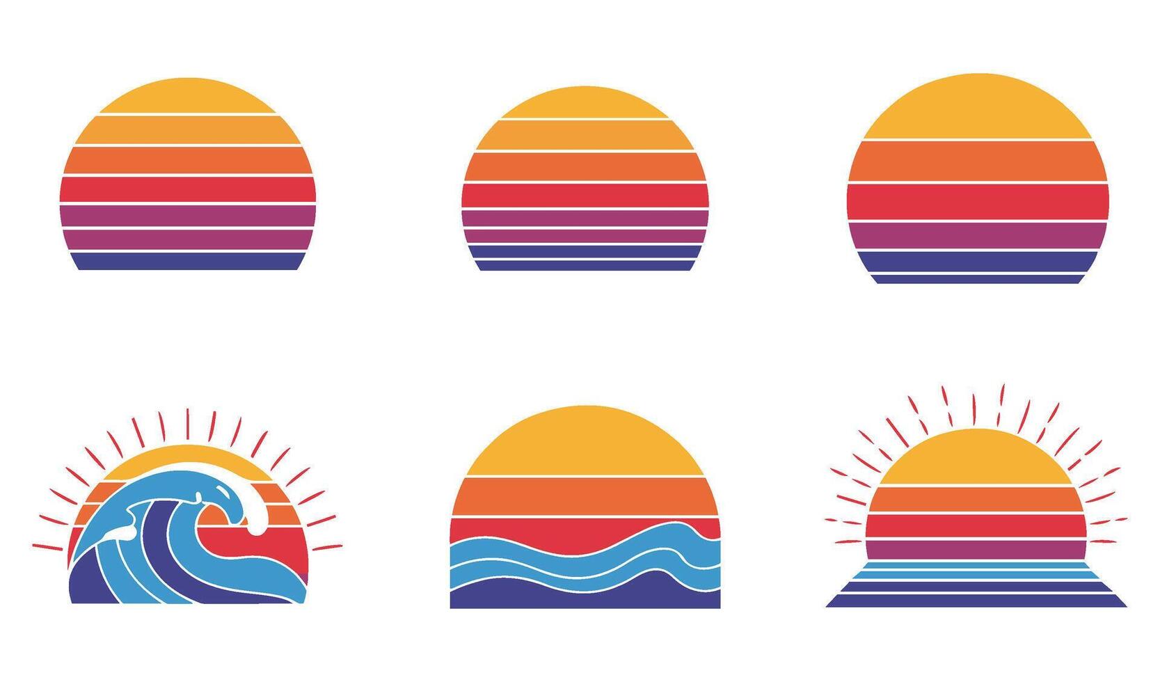 80s Vintage Retro Sunset Set Featuring Scenic Coastal Silhouettes and Tropical Vibes vector