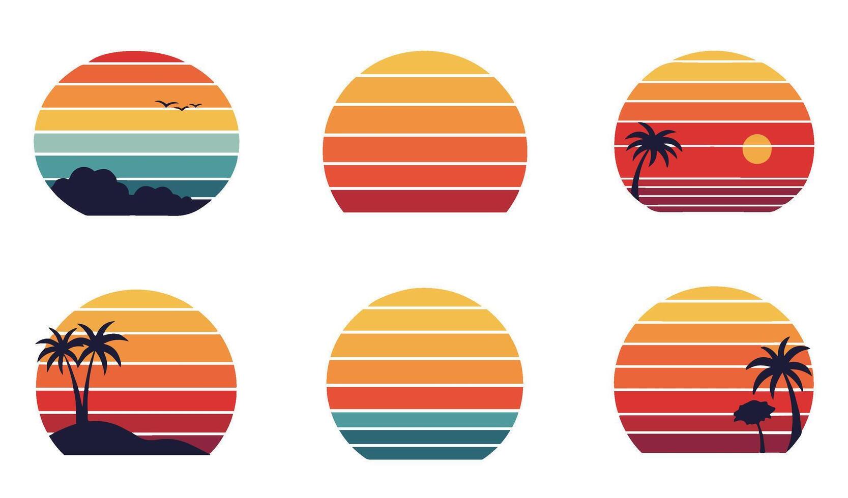 80s Vintage Retro Sunset Vectors Set Tropical Beach Scenes for Nostalgic Design
