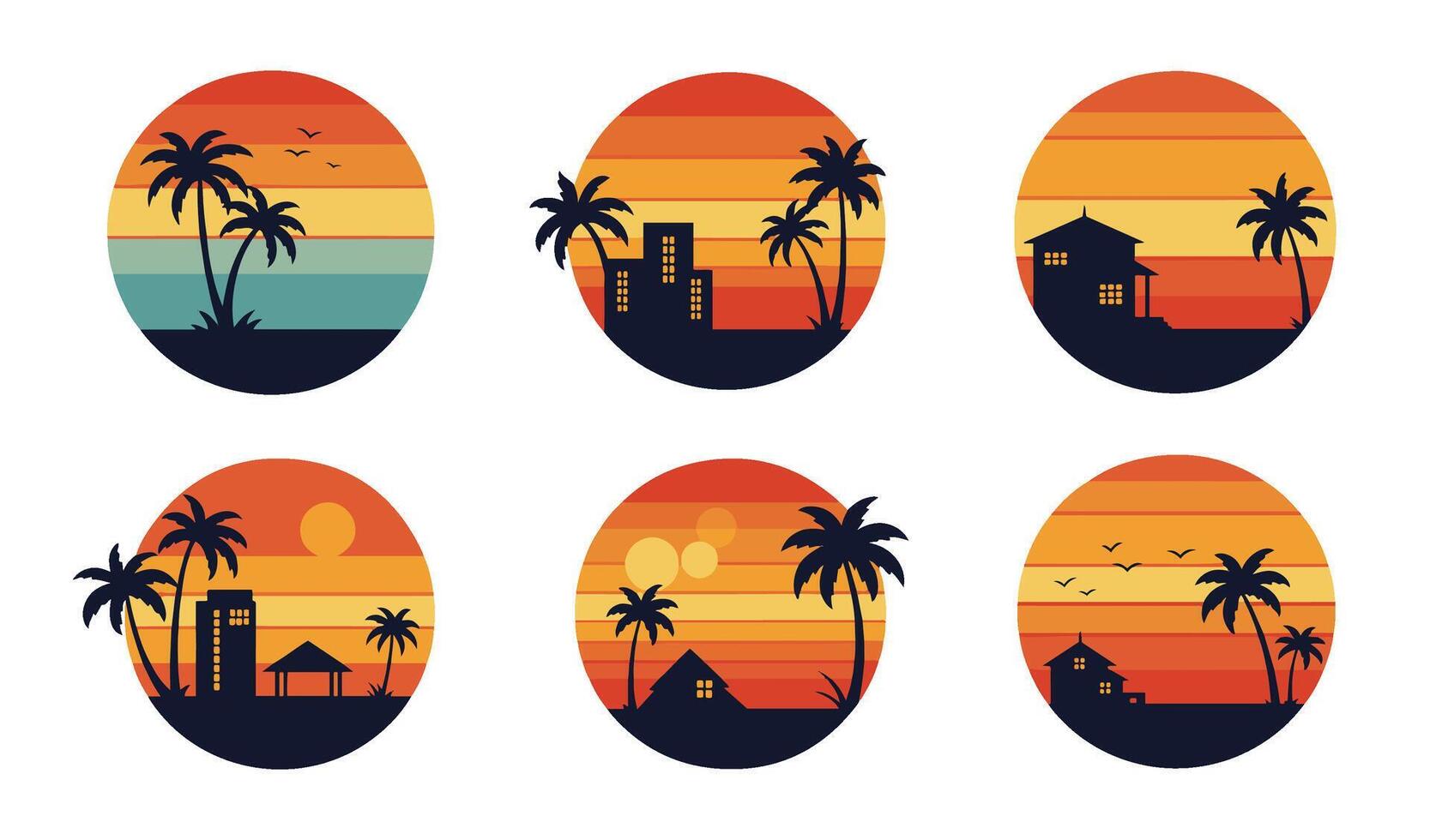 Retro Tropical Sunset Silhouette Set for Designers vector