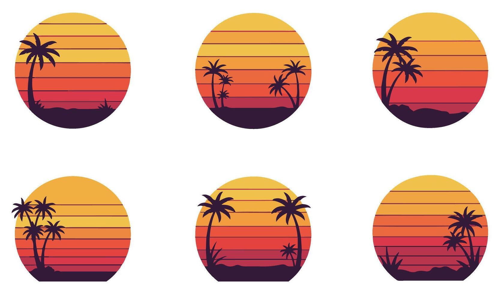 Nostalgic Retro Horizon Sunset Set with Classic 80s Charm and Beach Aesthetic vector