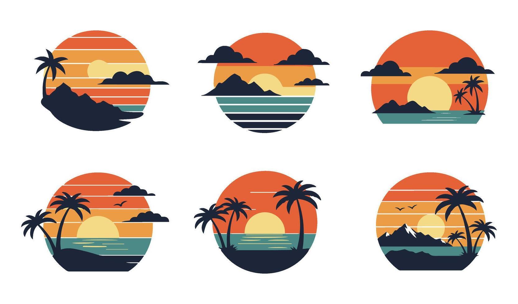 Tropical Paradise Retro Sunset Set with Palm Art vector