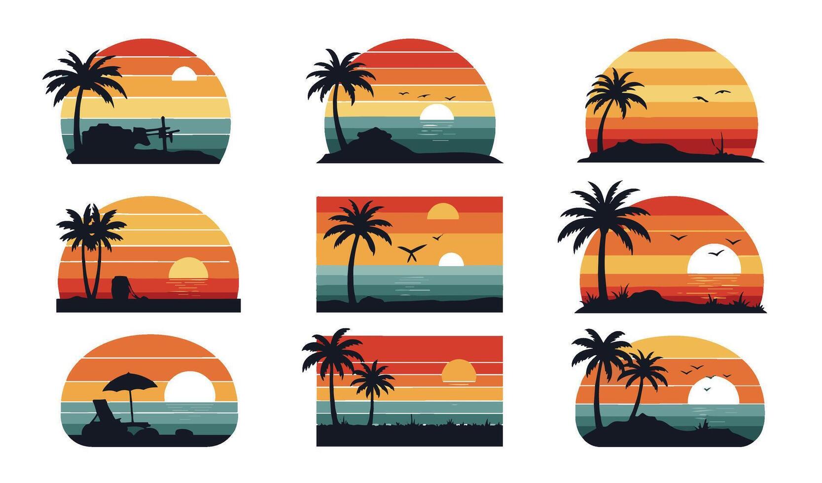 Retro Beachfront Sunset Set with Timeless Horizon Art vector
