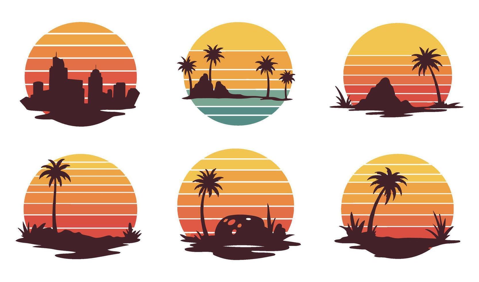 Scenic 80s Tropical Sunset Set Perfect for Beach and Coastal Artwork Themes vector