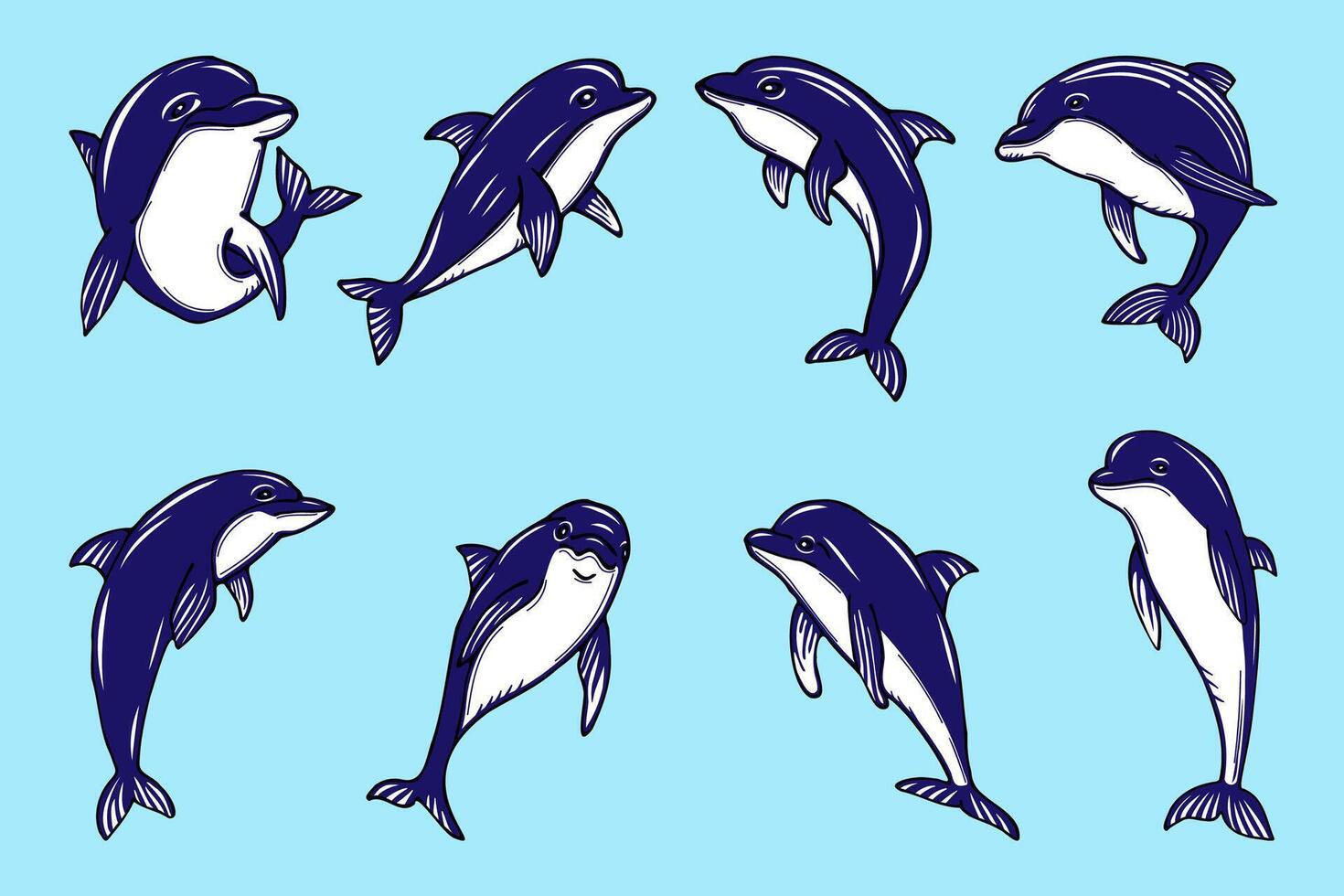 set of colored dolphins, hand drawn in cartoon style. vector