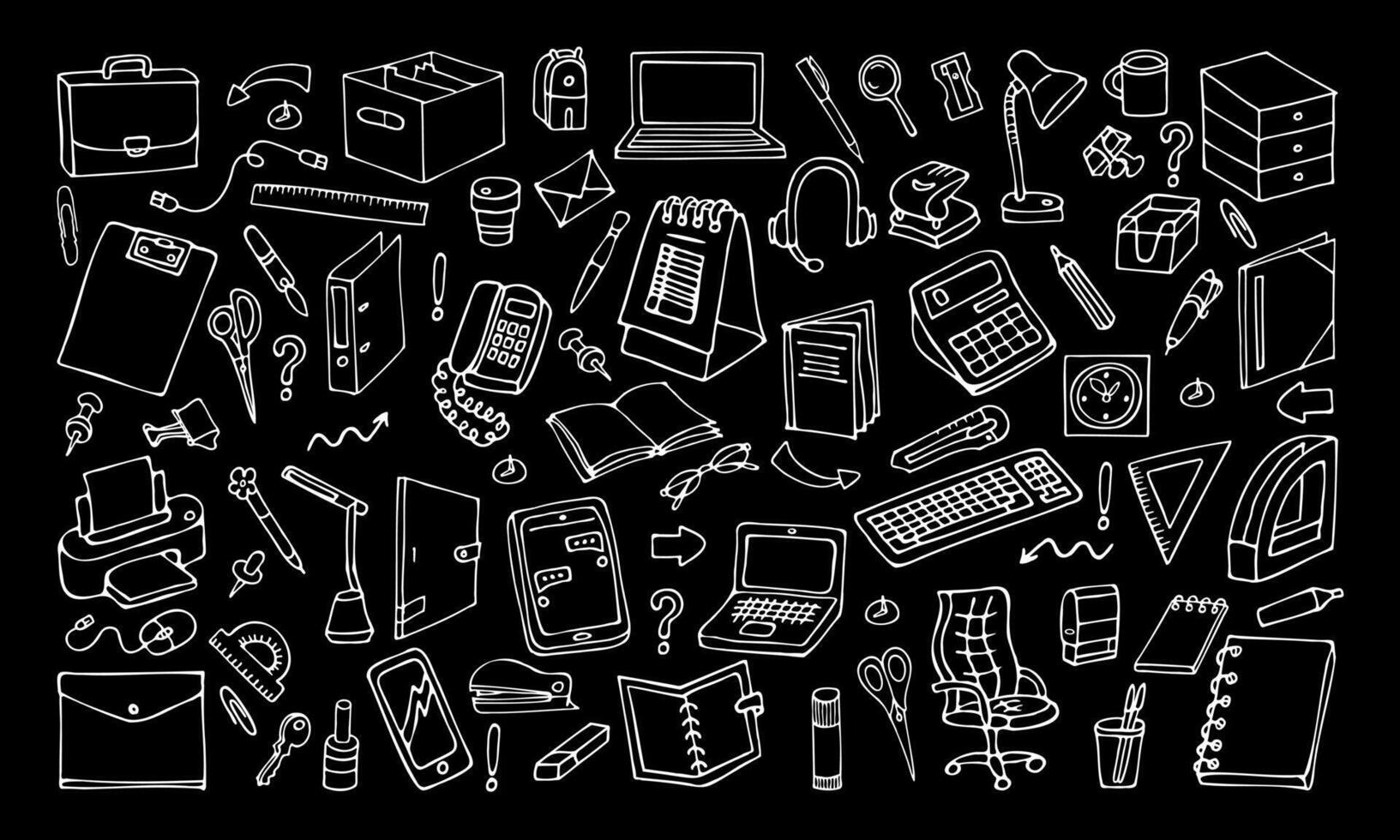 a set of stationery for office and school, hand-drawn in cartoon style on a black background. vector
