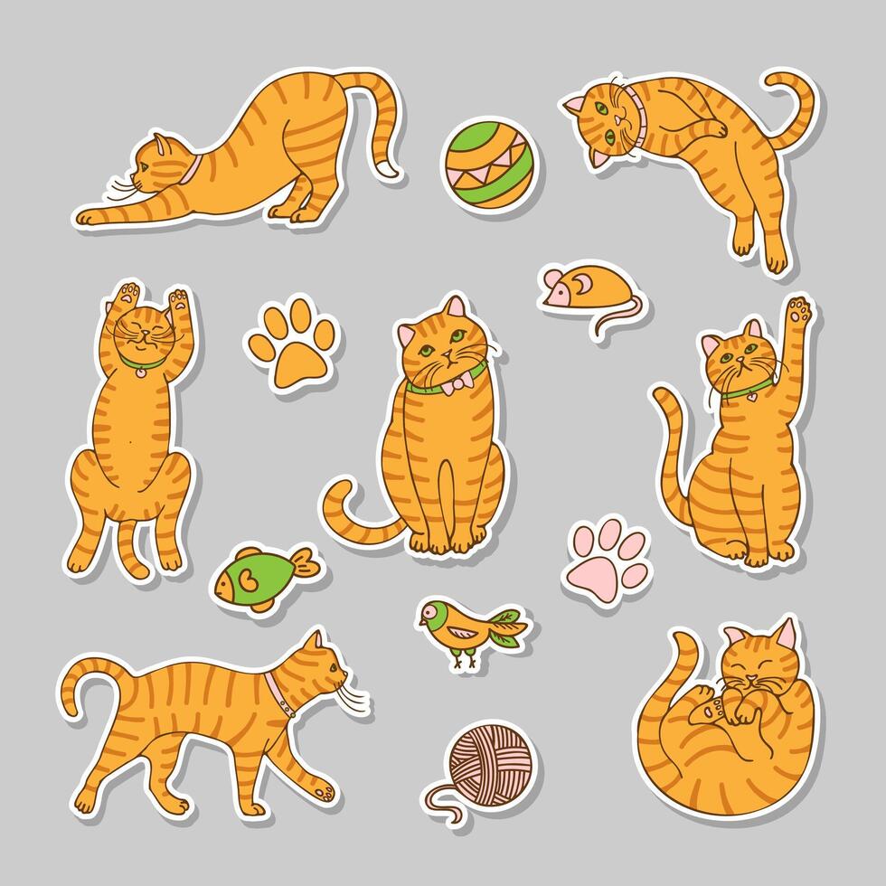 a set of stickers of red tabby cats and toys, hand-drawn in a cartoon style. vector