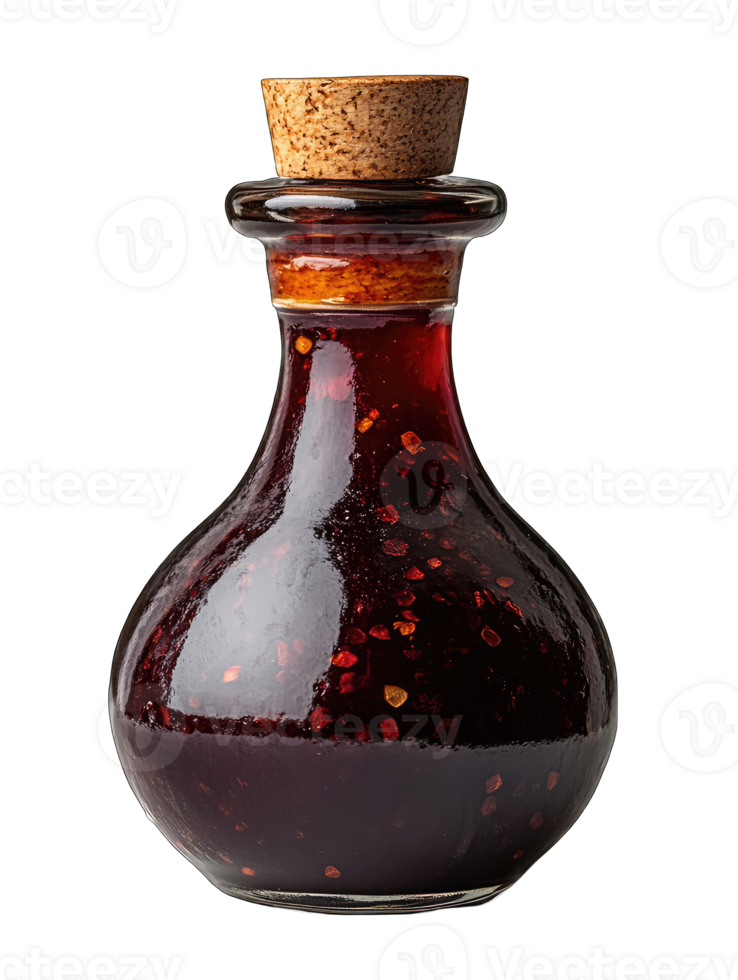 A small glass bottle filled with dark red liquid, sealed with a cork. png