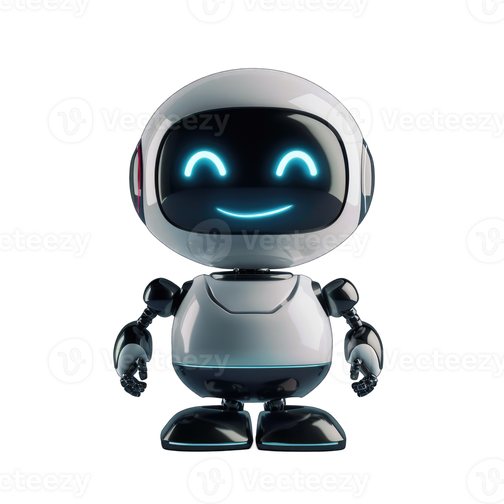 A cheerful, futuristic robot with a friendly smile and sleek design. png