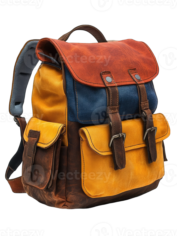 A colorful, stylish backpack featuring multiple pockets and a flap closure for everyday use. png