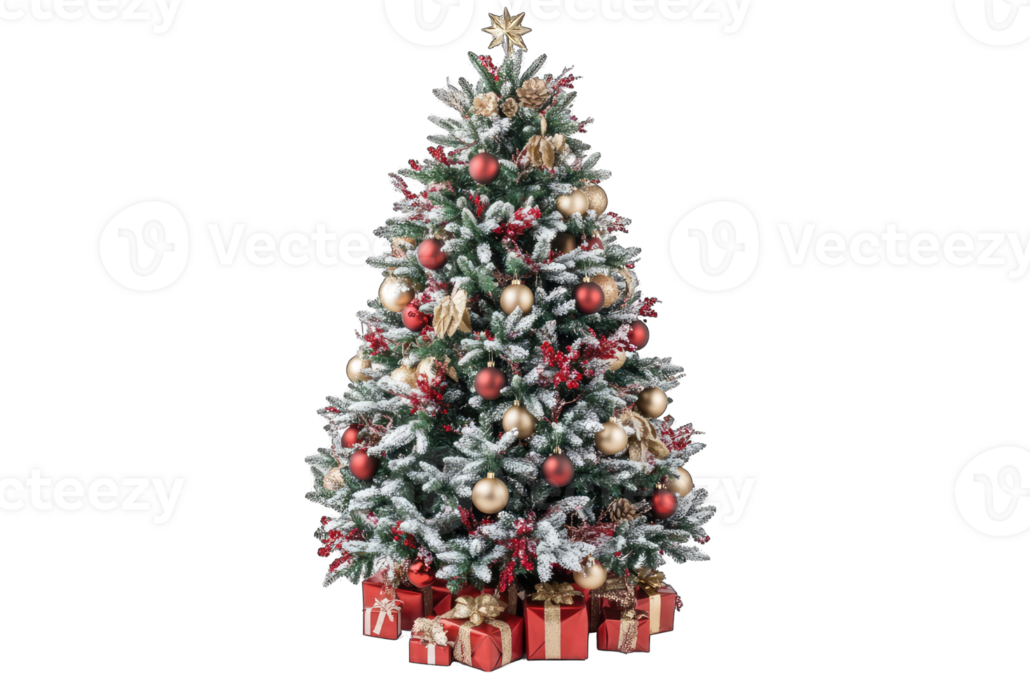 A beautifully decorated Christmas tree with gifts underneath, creating a festive atmosphere. png