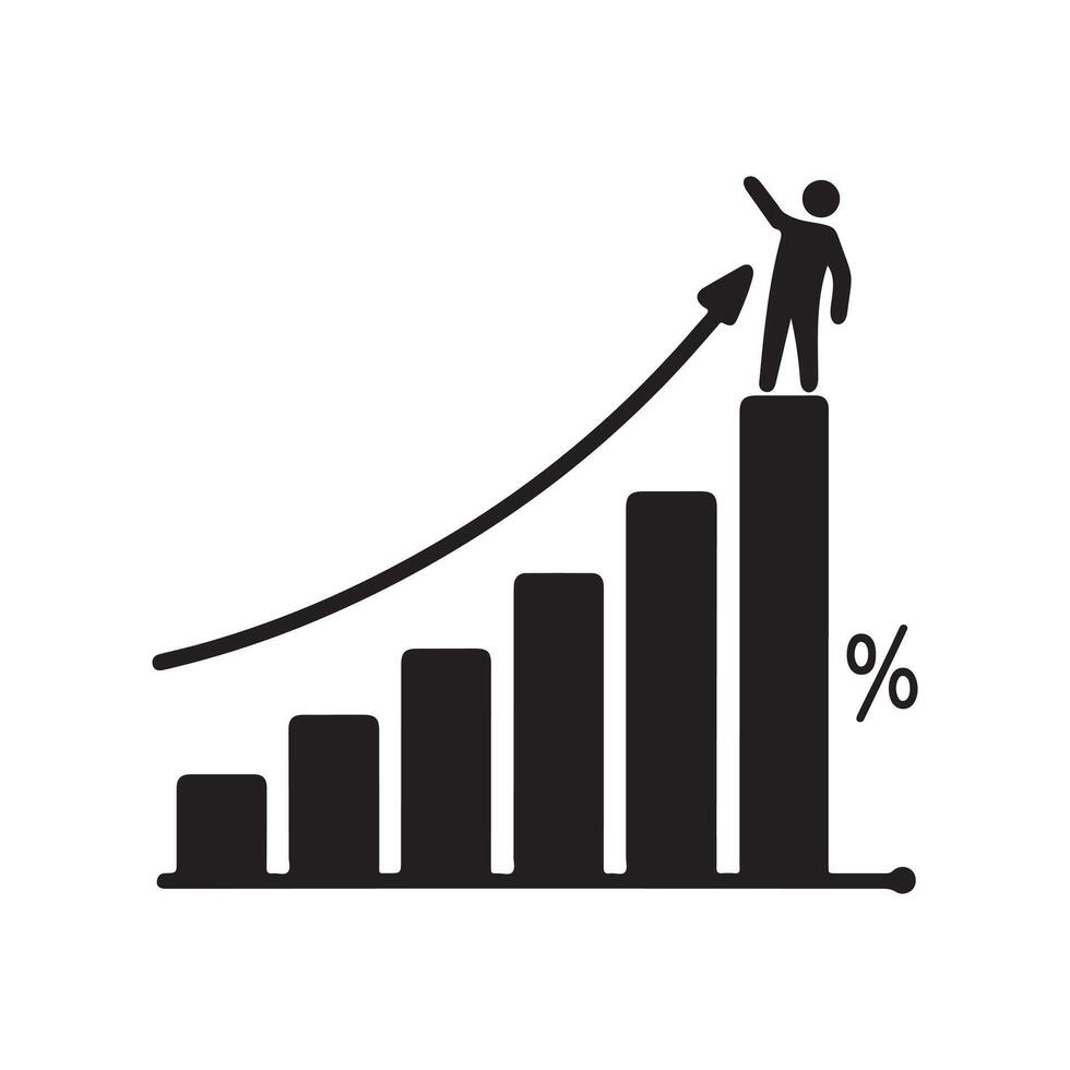 A person standing beside a growing bar graph, symbolizing success and achievement. vector