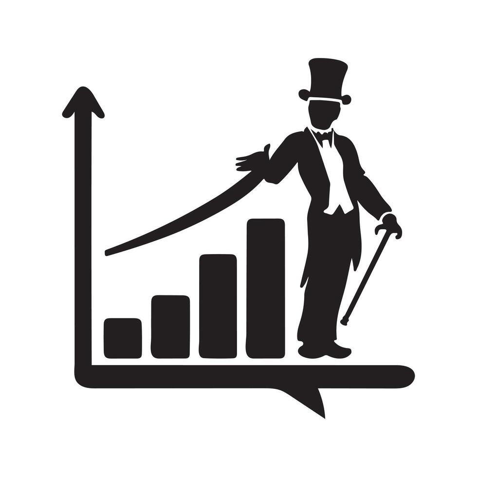 Person standing atop a growing bar graph representing success. vector