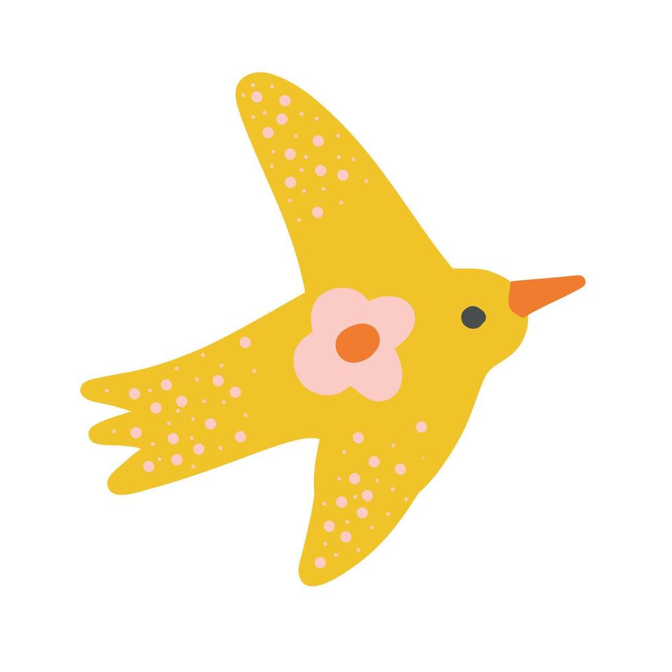 Yellow bird with an orange beak and floral detail. A whimsical and vibrant design for tropical, wildlife, or decorative artistic themes vector