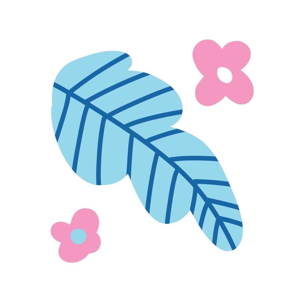 Blue tropical leaf with soft pink flowers on a white background. A cheerful, whimsical design for nature, botanic, or tropical-themed projects vector