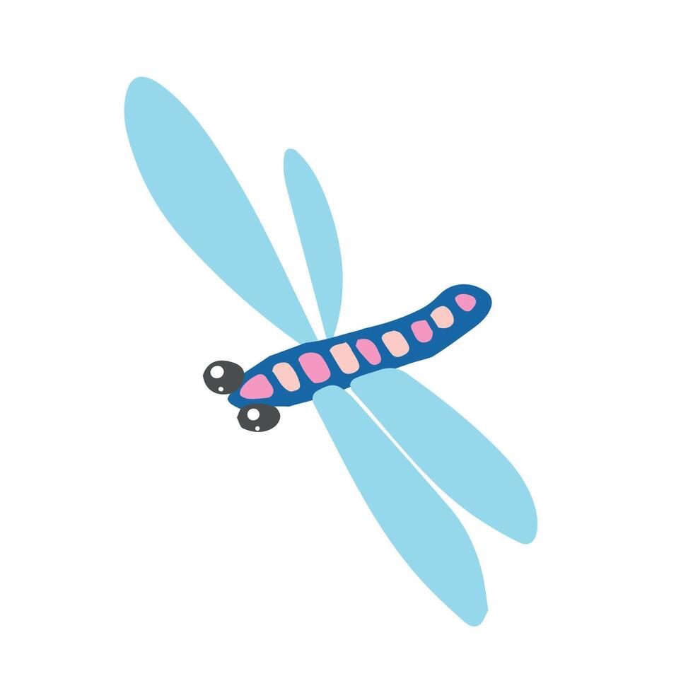 A delicate pink dragonfly with bright blue wings in flight. Whimsical and serene illustration capturing garden charm and vibrant summer vibes vector