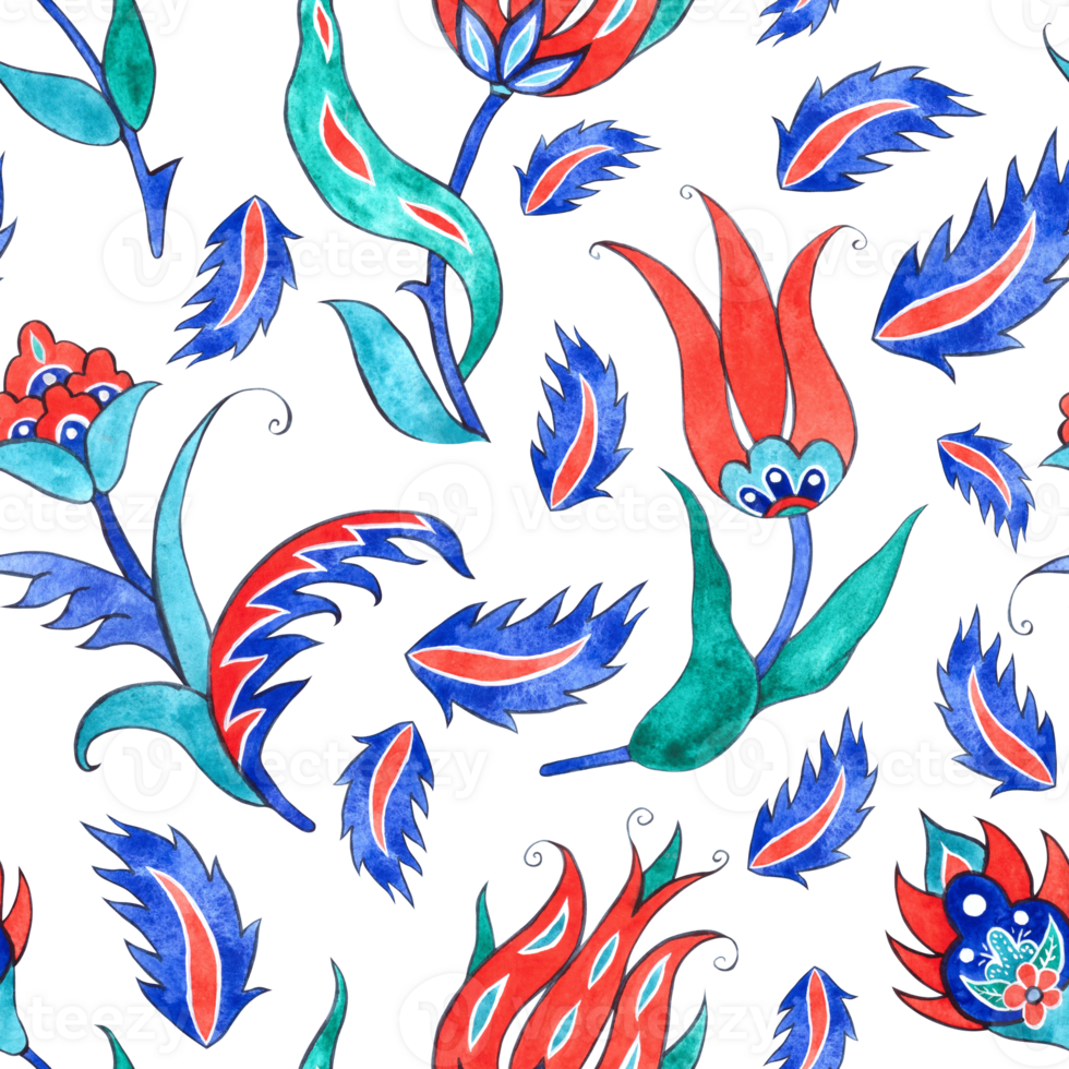 Turkish tulip flowers and leaves, fantasy decor element. Seamless pattern of watercolor illustrations in oriental style. For design, souvenirs, printing, textiles, wallpaper png