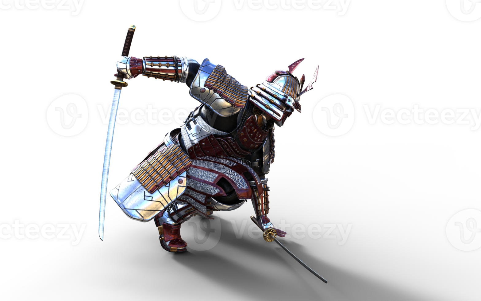 Bent Pose, Futuristic Red Samurai Warrior in Battle-Ready Armor png