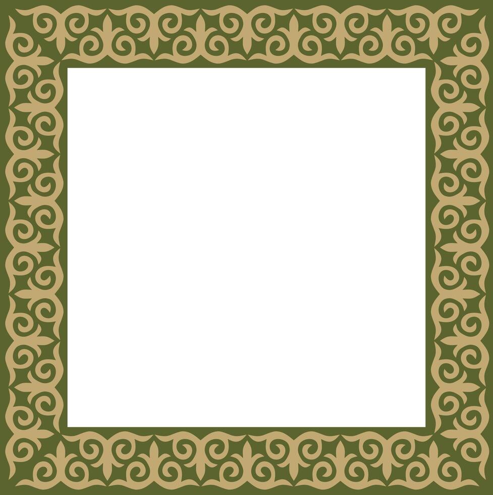 Gold with green square Kazakh national ornament. Ethnic pattern of the Great Steppe, vector